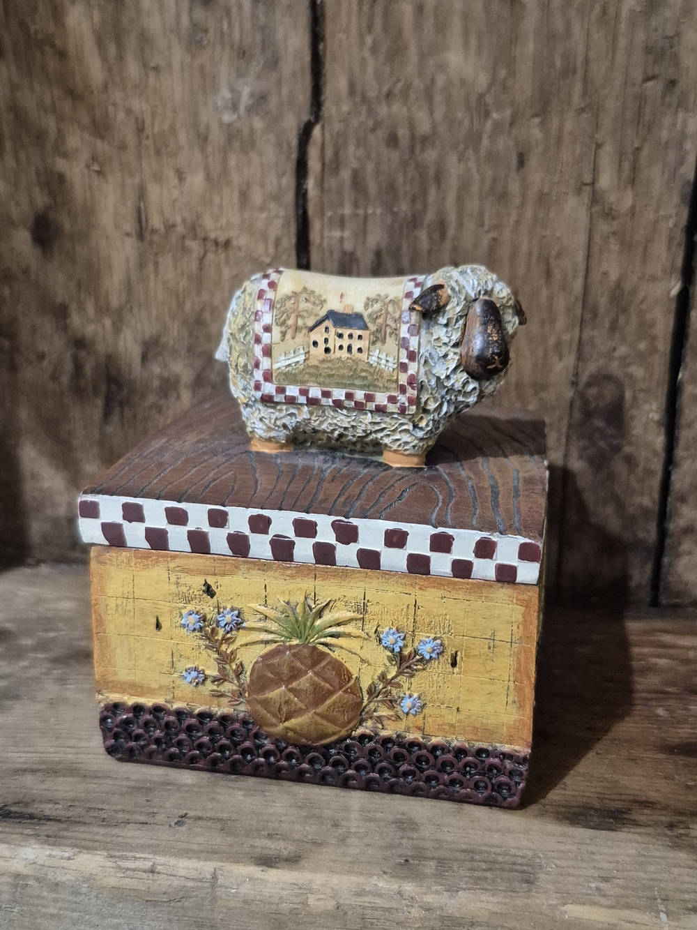Vintage Eden Collection Sheep Trinket Box French Country Folk Art Resin
